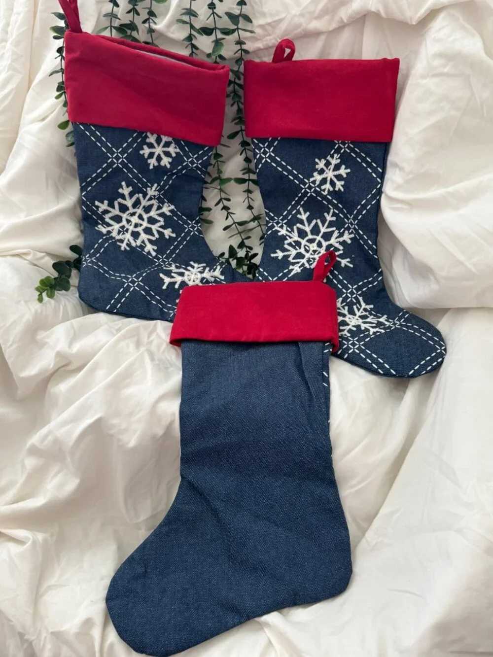 🎄 Set of 3 Denim, White and Red Snowflake Christmas Stockings (Embroidered)